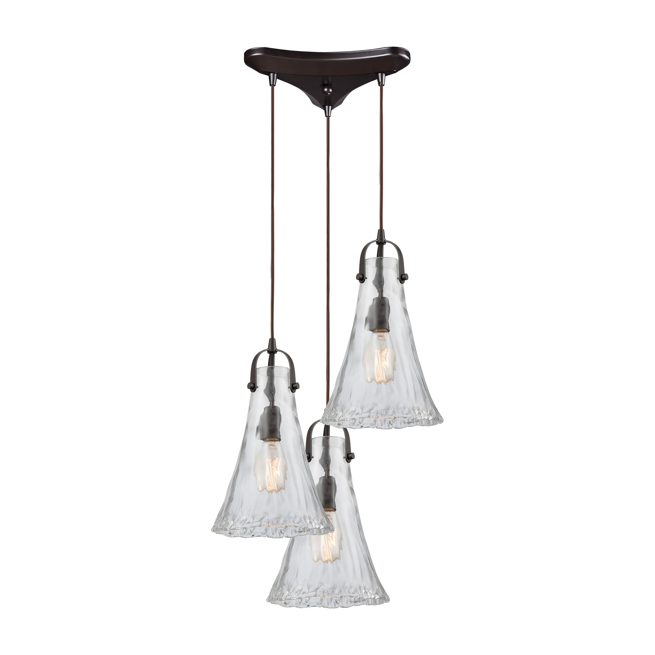 ELK Lighting 10555/3 Hand Formed Glass 3-Light Triangular Pendant Fixture in Oiled Bronze with Clear Hand-formed Glass