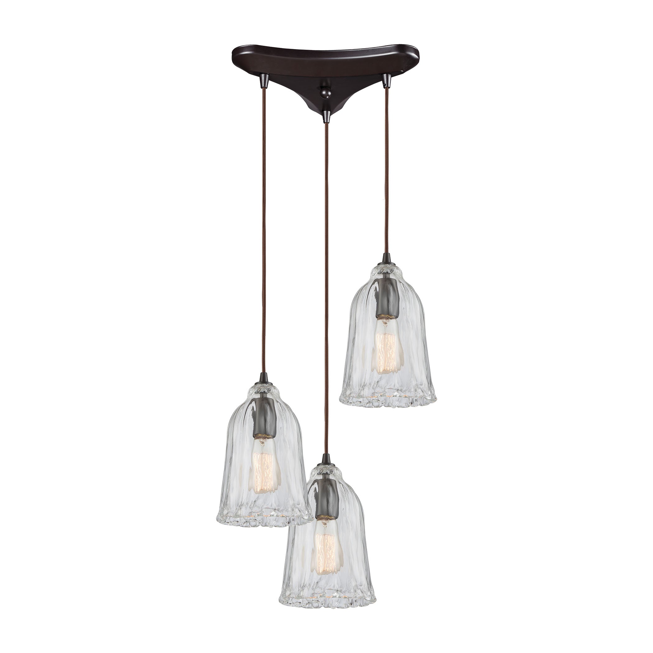 ELK Lighting 10671/3 Hand Formed Glass 3-Light Triangular Pendant Fixture in Oiled Bronze with Clear Hand-formed Glass