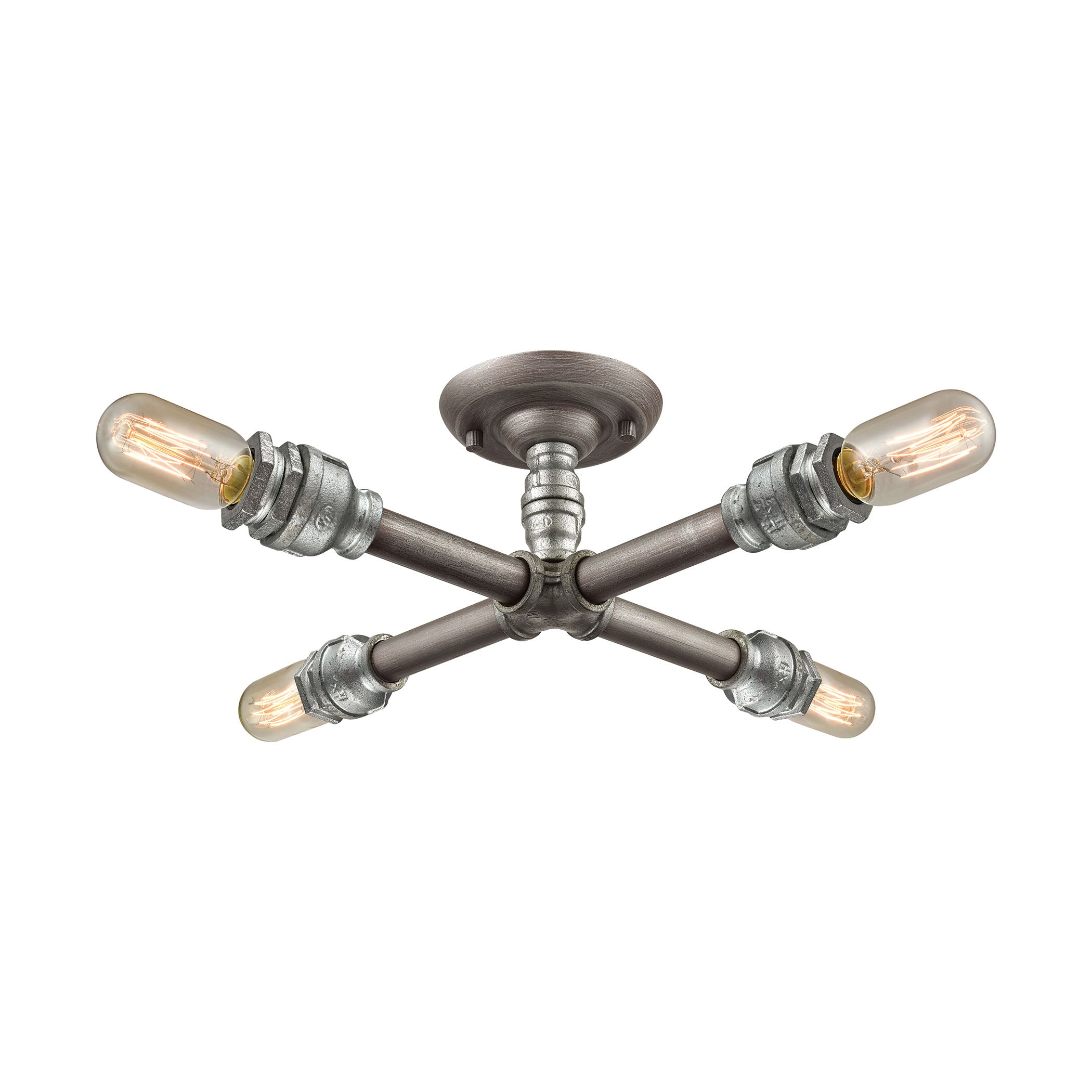 ELK Lighting 10686/4 Cast Iron Pipe 4-Light Semi Flush in Weathered Zinc (Optional Shades Available)