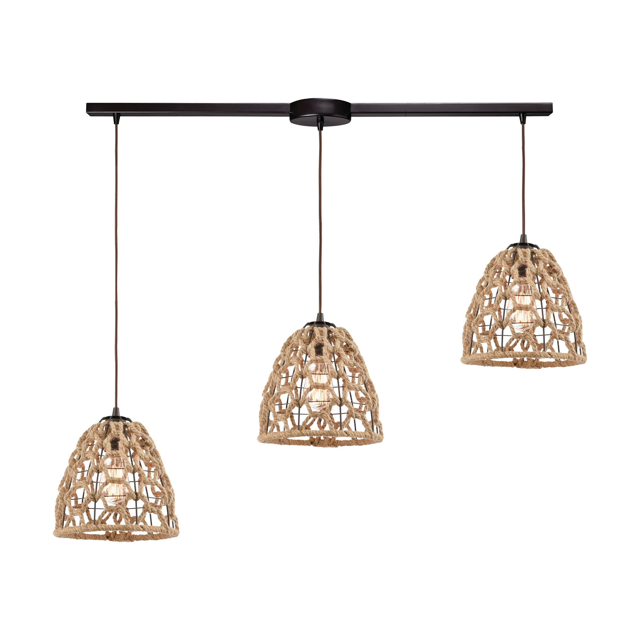 ELK Lighting 10709/3L Coastal Inlet 3-Light Linear Mini Pendant Fixture in Oil Rubbed Bronze with Rope