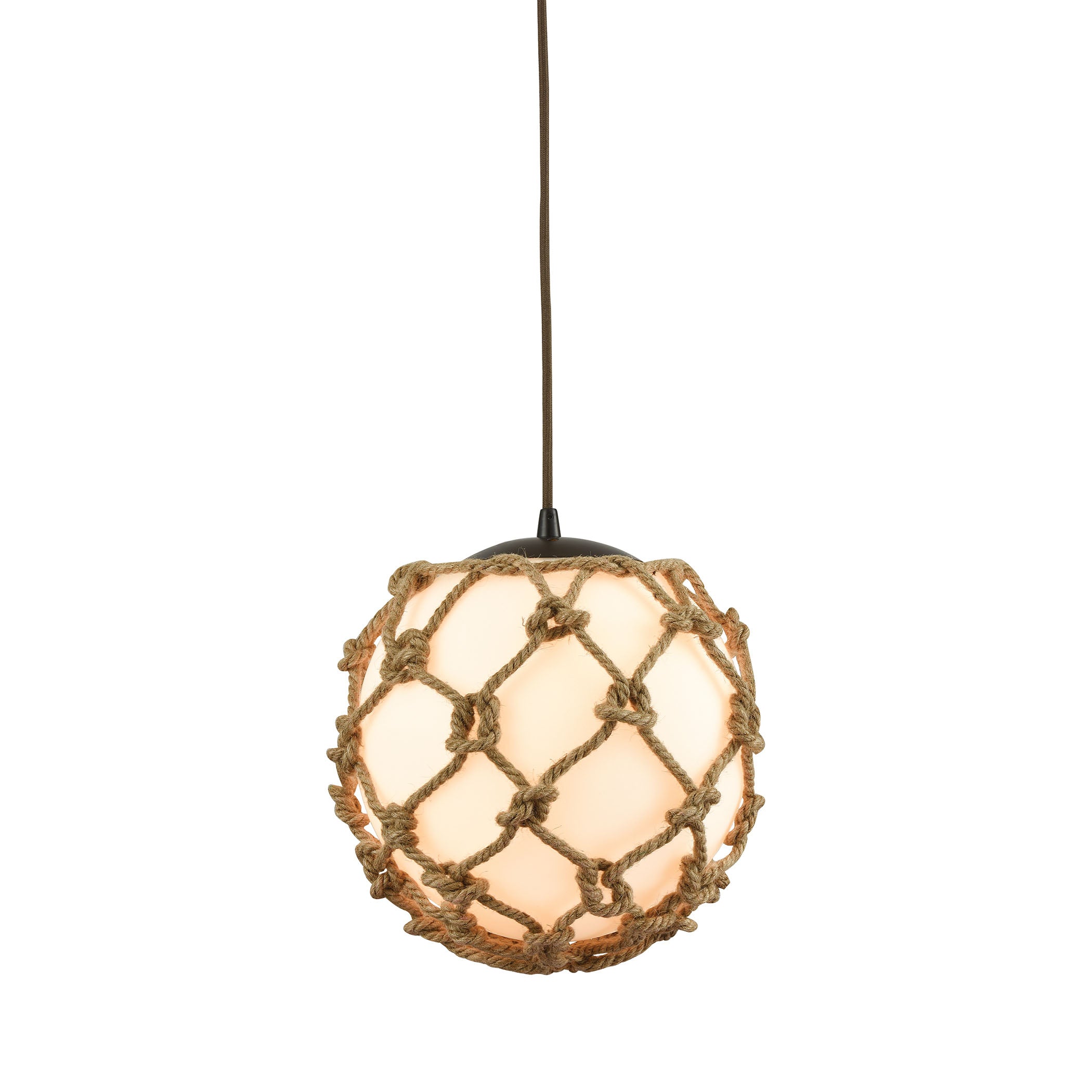 ELK Lighting 10710/1 Coastal Inlet 1-Light Mini Pendant in Oiled Bronze with Rope and Opal Glass