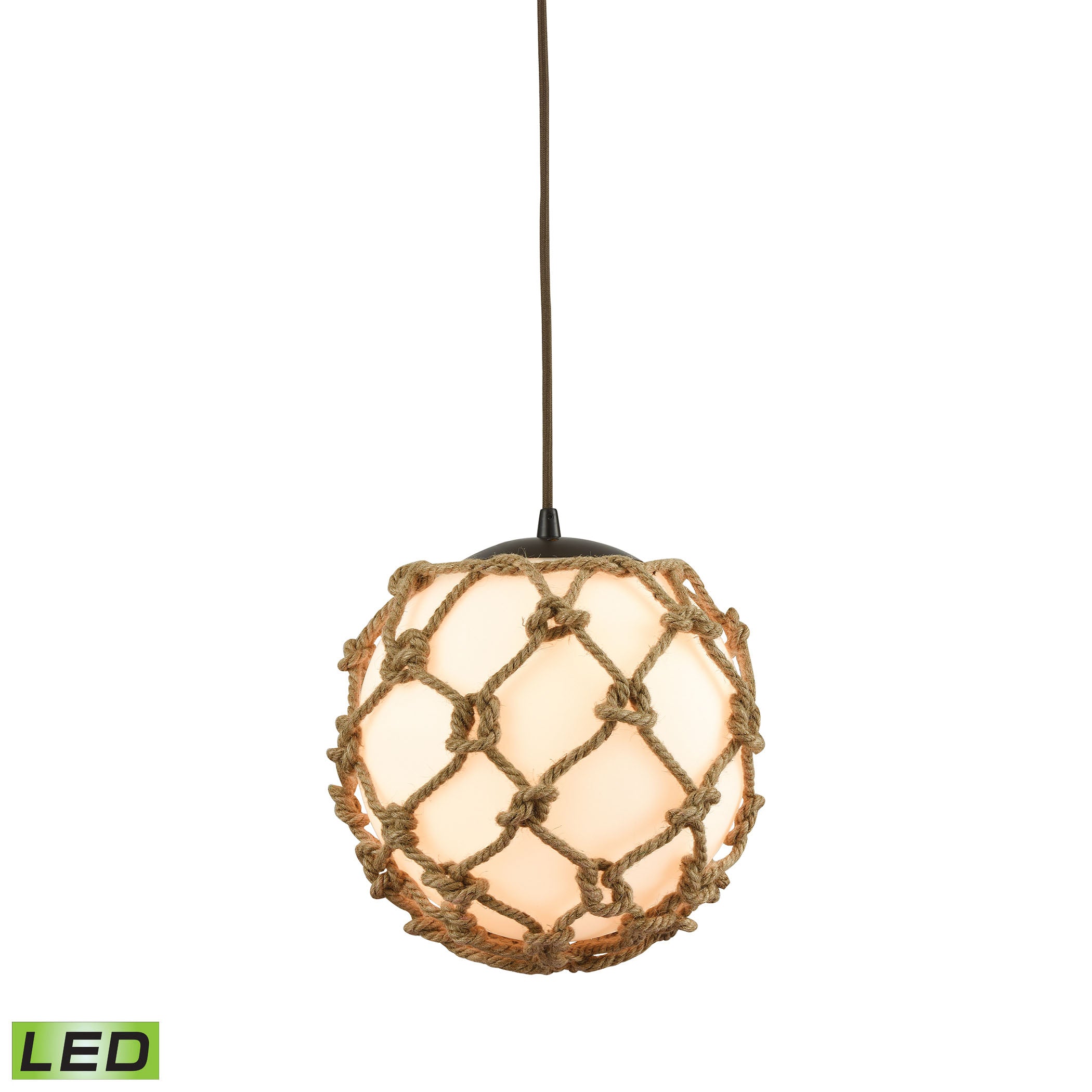 ELK Lighting 10710/1-LED Coastal Inlet 1-Light Mini Pendant in Oiled Bronze with Rope and Opal Glass - Includes LED Bulb