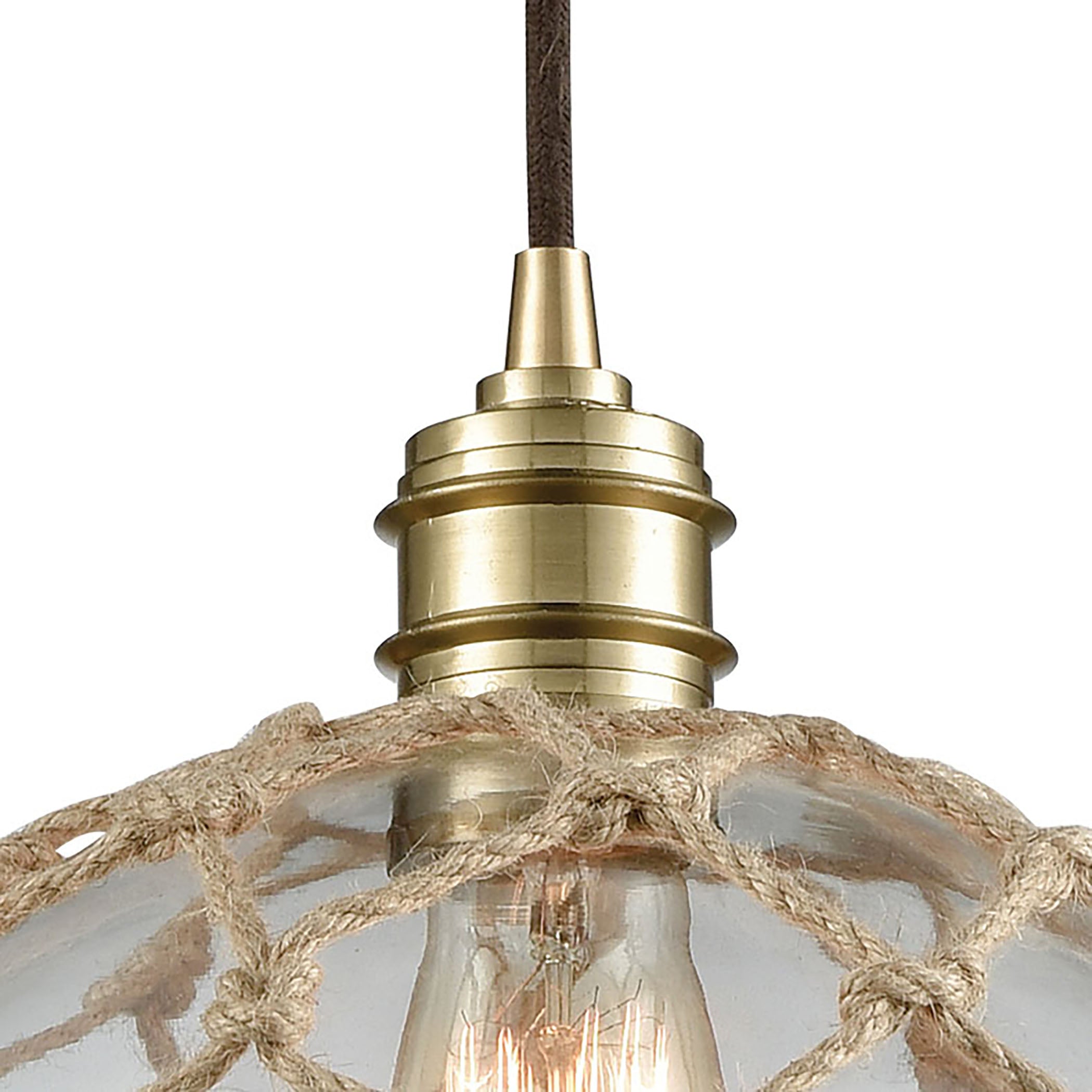 ELK Lighting 10713/1 Dragnet 1-Light Mini Pendant in Satin Brass with Rope-wrapped Clear Blown Glass