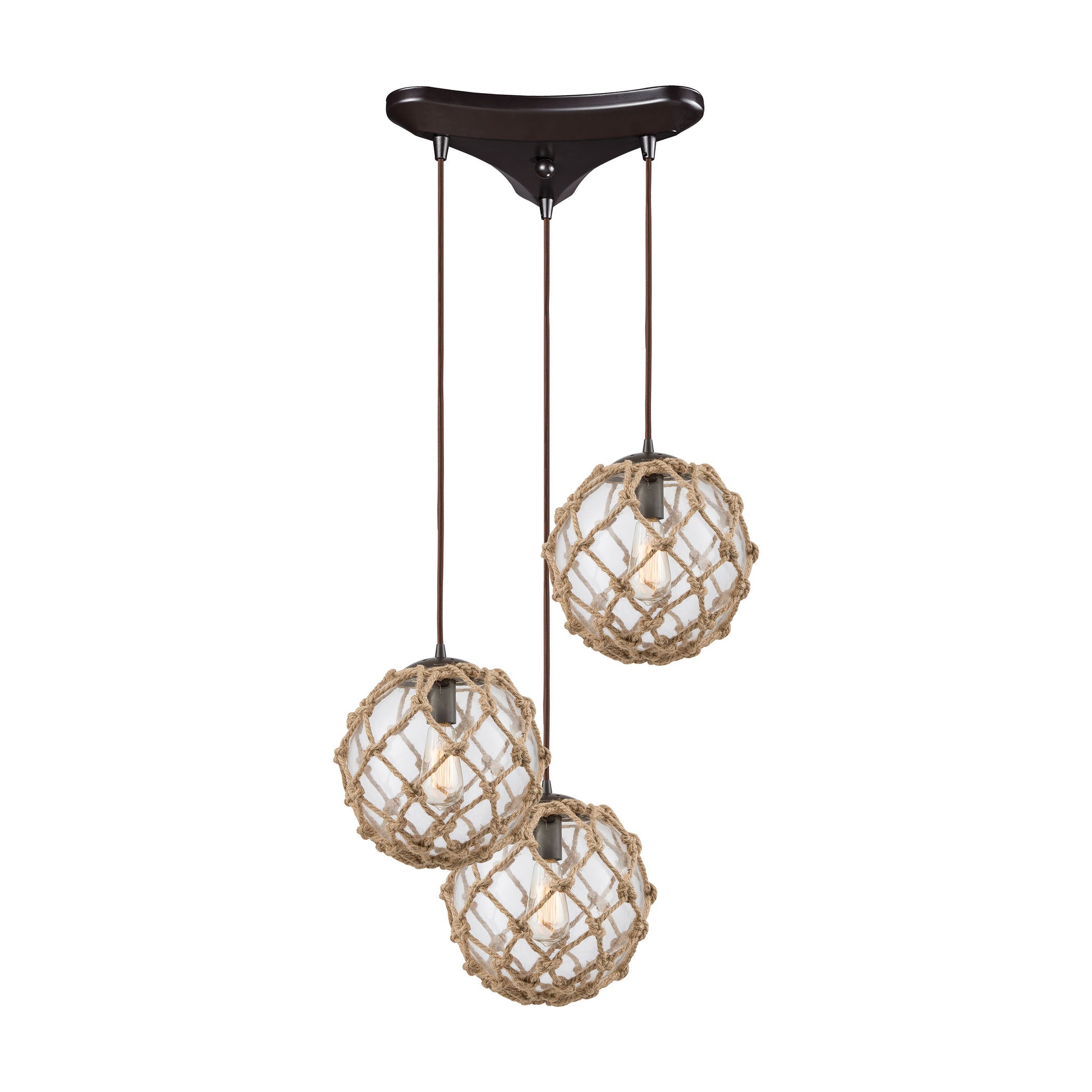 ELK Lighting 10715/3 Coastal Inlet 3-Light Triangular Pendant Fixture in Oiled Bronze with Rope and Clear Glass