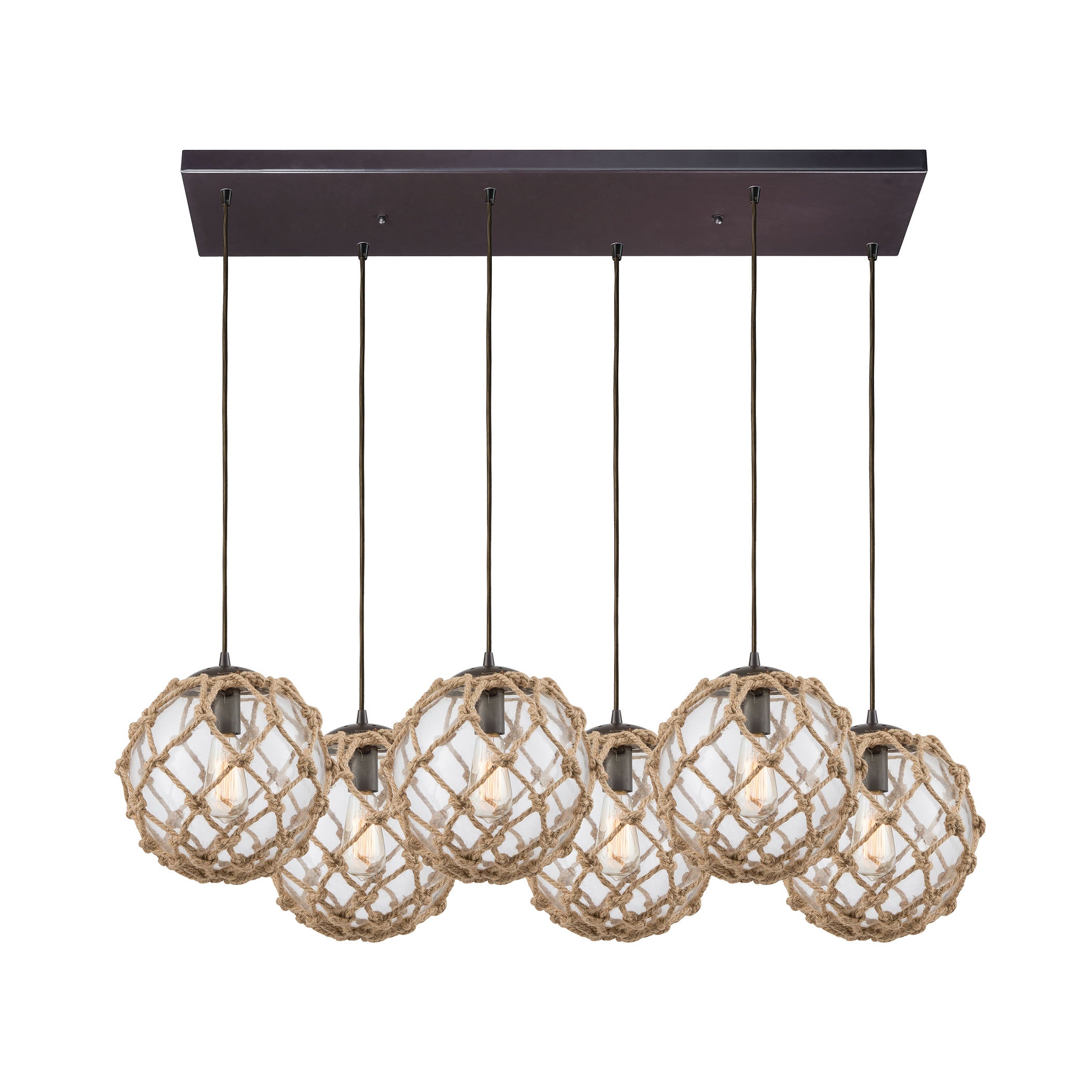 ELK Lighting 10715/6RC Coastal Inlet 6-Light Rectangular Pendant Fixture in Oiled Bronze with Rope and Clear Glass