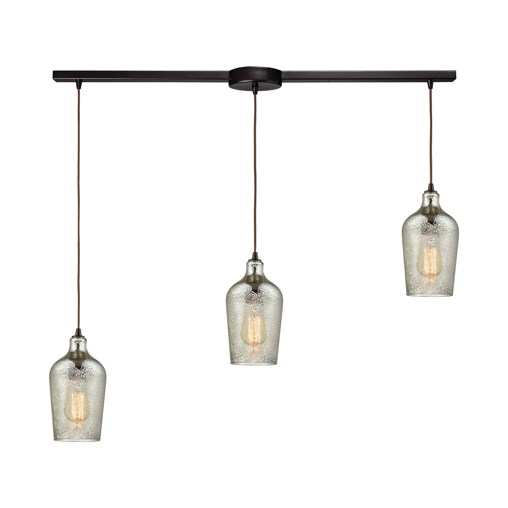 ELK Lighting 10830/3L Hammered Glass 3-Light Linear Mini Pendant Fixture in Oiled Bronze with Hammered Mercury Glass