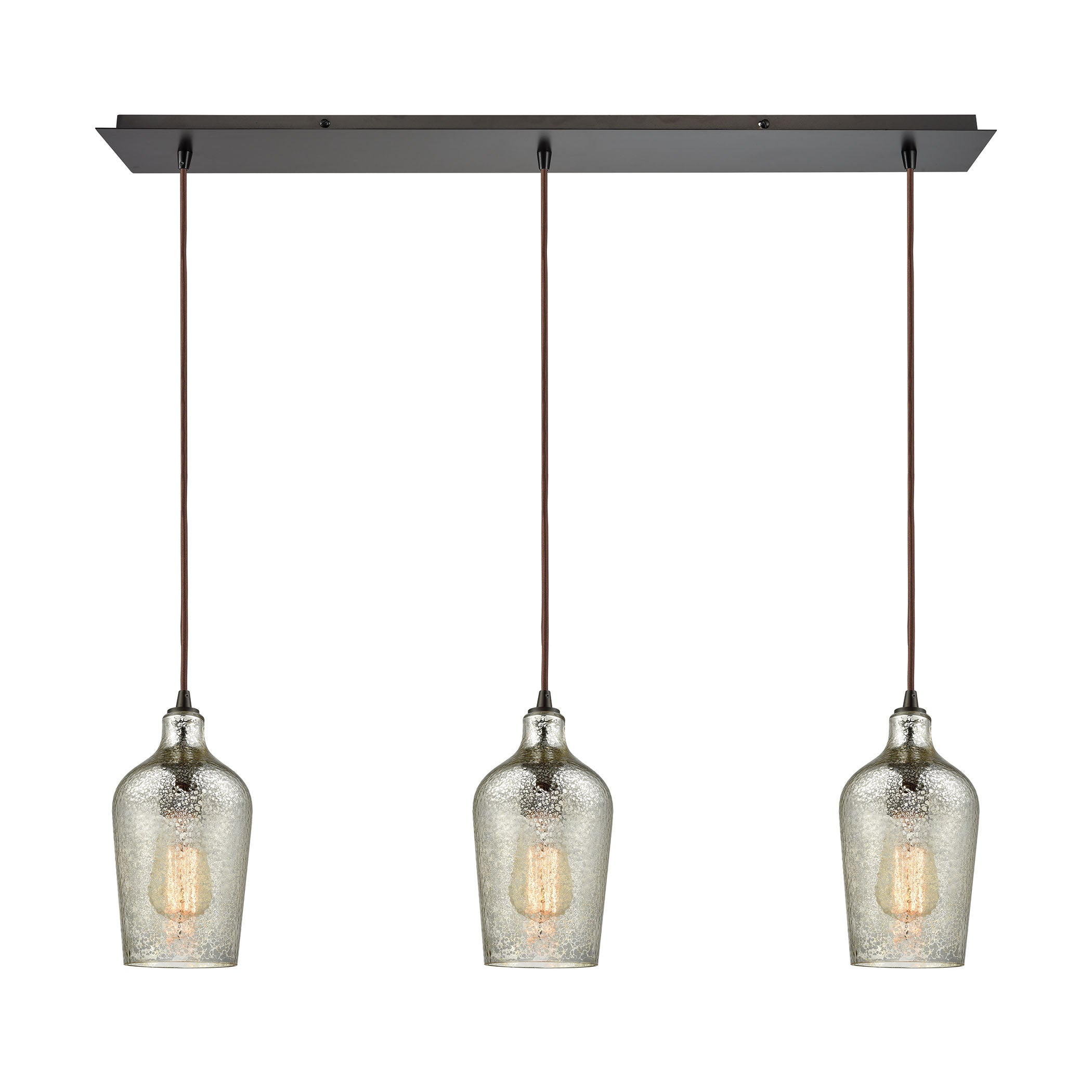 ELK Lighting 10830/3LP Hammered Glass 3-Light Linear Mini Pendant Fixture in Oiled Bronze with Hammered Mercury Glass