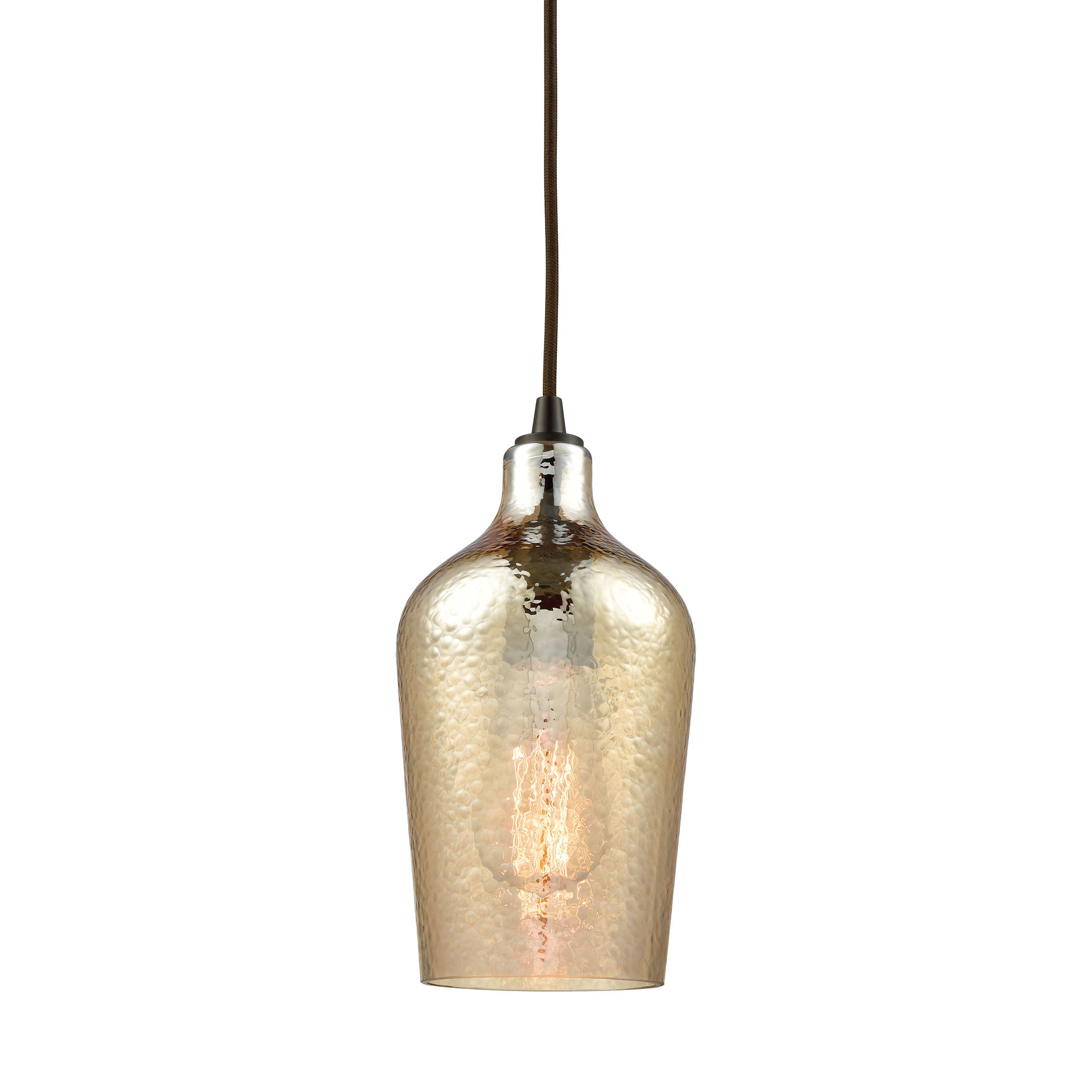 ELK Lighting 10840/1 Hammered Glass 1-Light Mini Pendant in Oiled Bronze with Amber-plated Hammered Glass