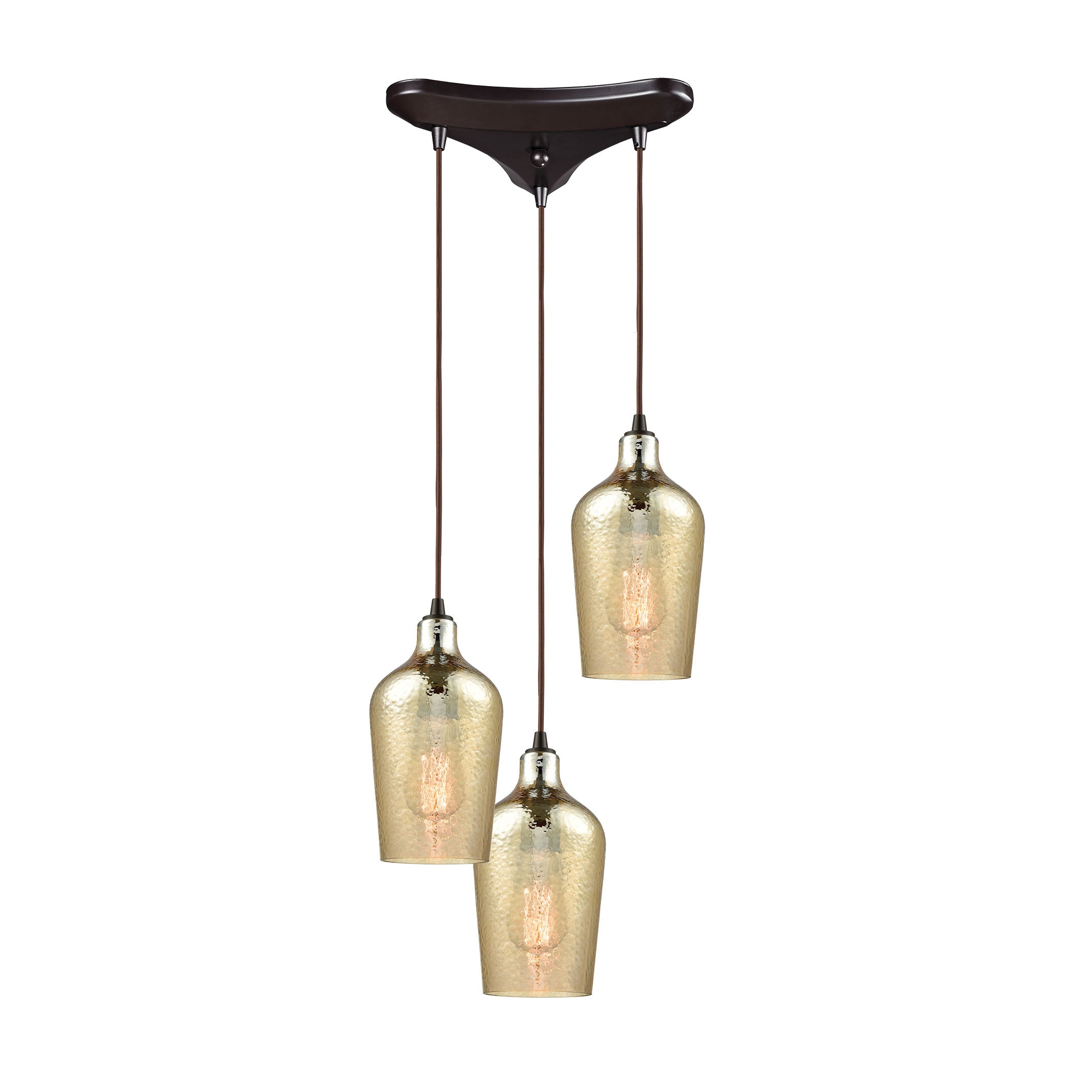 ELK Lighting 10840/3 Hammered Glass 3-Light Triangular Pendant Fixture in Oiled Bronze with Amber-plated Hammered Glass