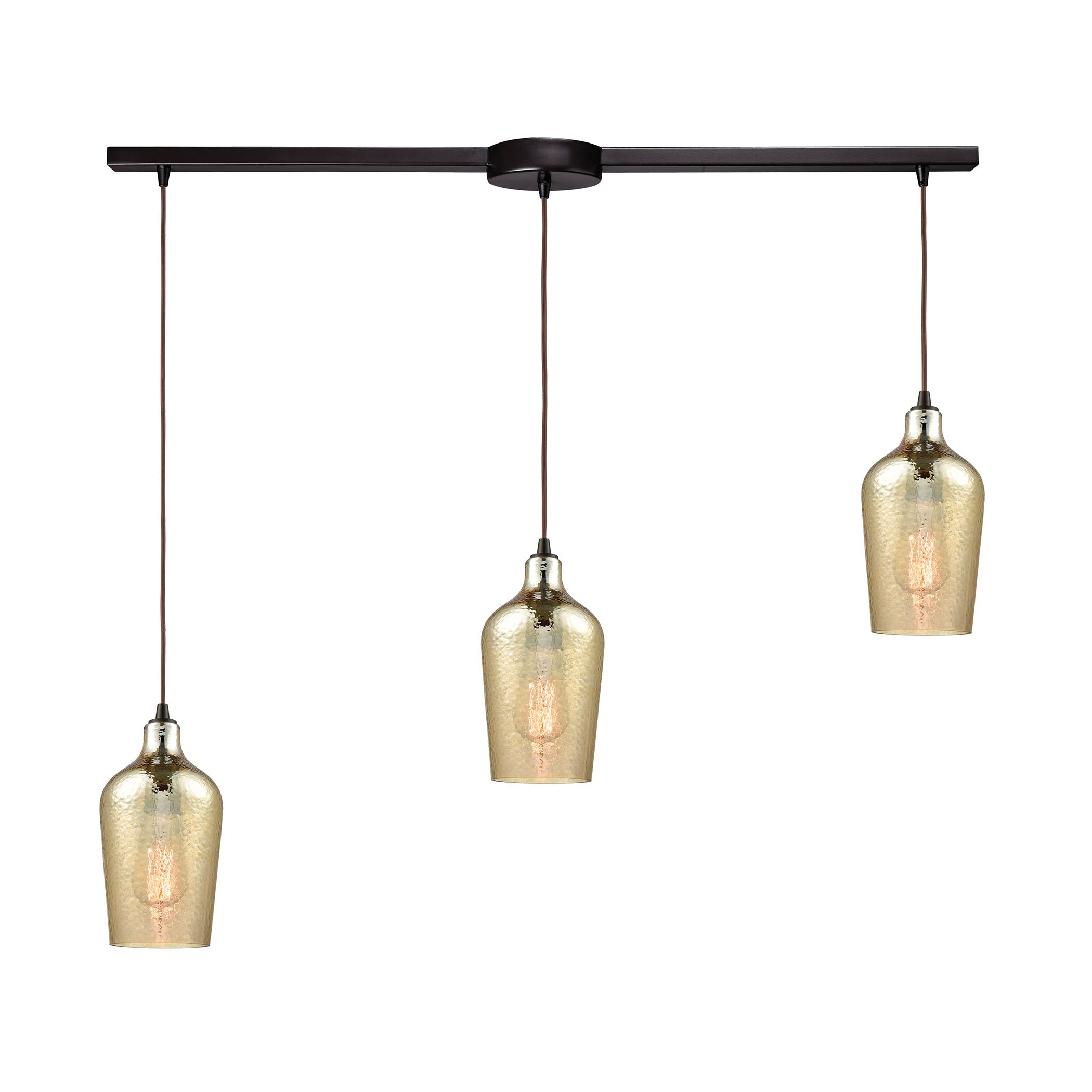 ELK Lighting 10840/3L Hammered Glass 3-Light Linear Mini Pendant Fixture in Oiled Bronze with Amber-plated Hammered Glass