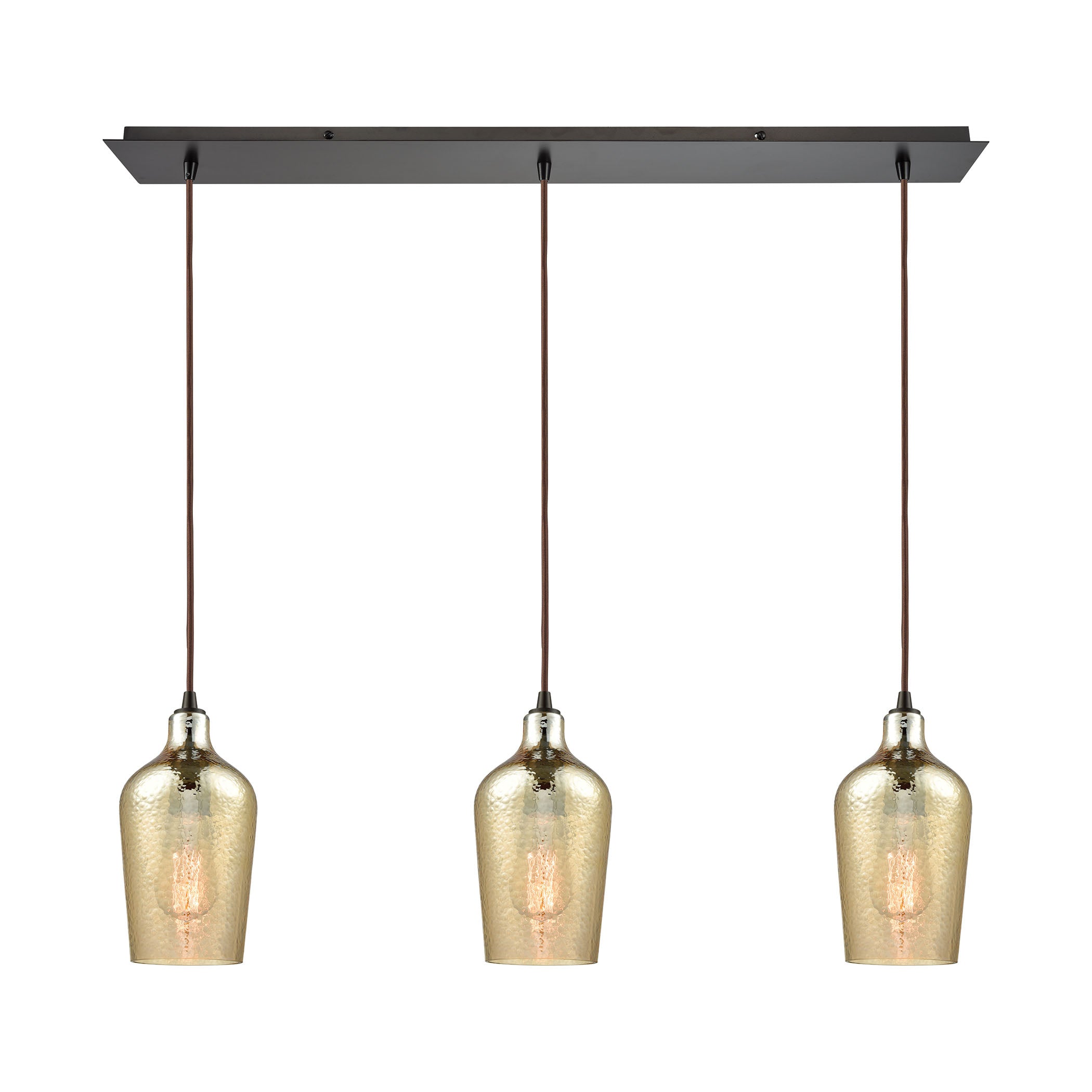 ELK Lighting 10840/3LP Hammered Glass 3-Light Linear Mini Pendant Fixture in Oiled Bronze with Amber-plated Hammered Glass