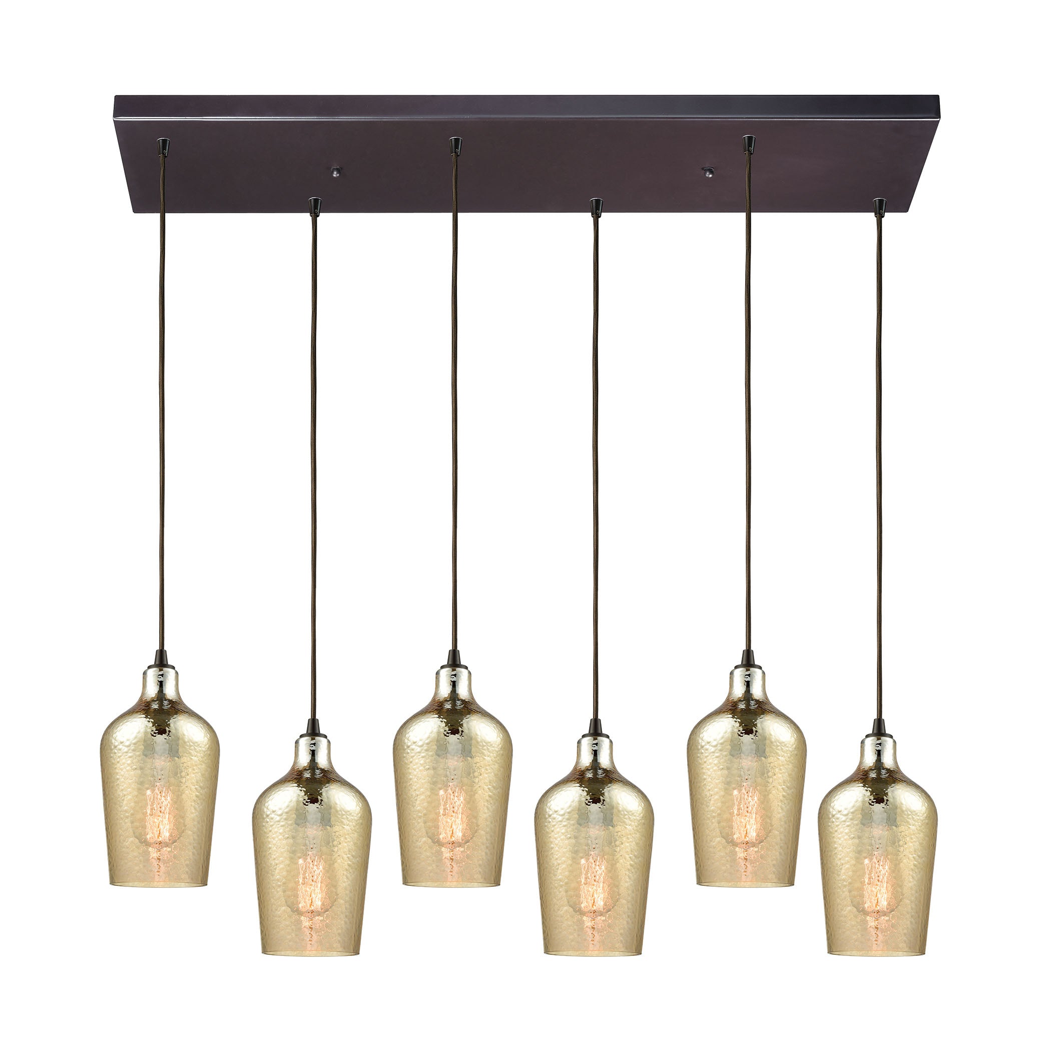 ELK Lighting 10840/6RC Hammered Glass 6-Light Rectangular Pendant Fixture in Oiled Bronze with Amber-plated Hammered Glass