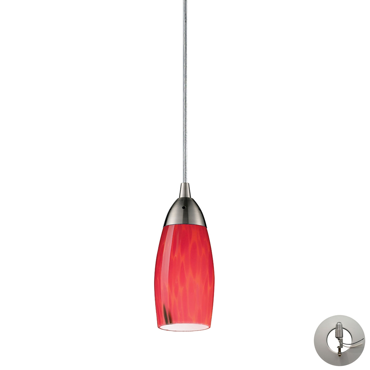 ELK Lighting 110-1FR-LA Milan 1-Light Mini Pendant in Satin Nickel with Fire Red Glass - Includes Adapter Kit