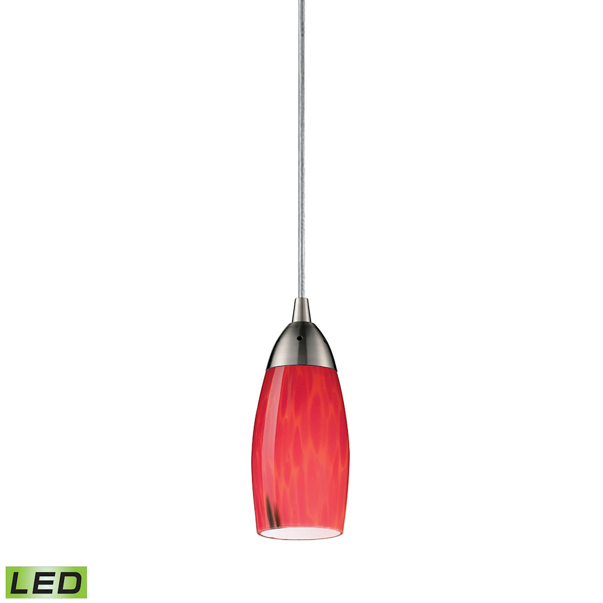 ELK Lighting 110-1FR-LED Milan 1-Light Mini Pendant in Satin Nickel with Fire Red Glass - Includes LED Bulb