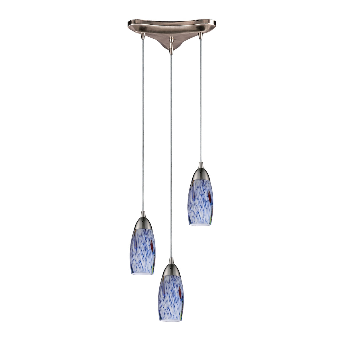 ELK Lighting 110-3BL Milan 3-Light Triangular Pendant Fixture in Satin Nickel with Starburst Blue Glass