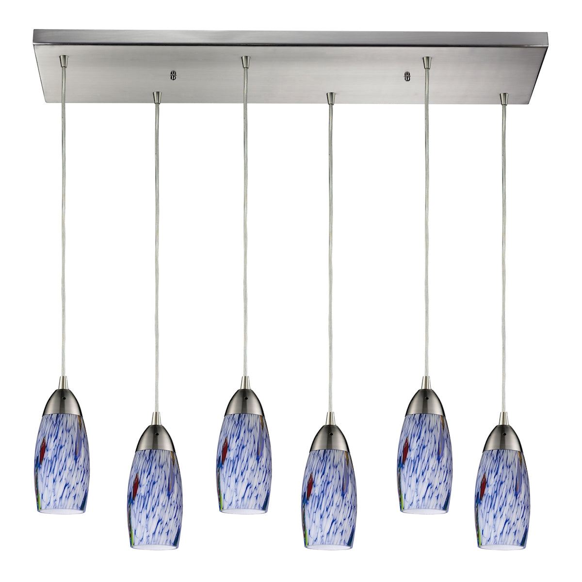 ELK Lighting 110-6RC-BL Milan 6-Light Rectangular Pendant Fixture in Satin Nickel with Starburst Blue Glass