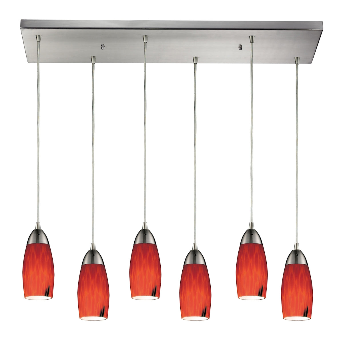 ELK Lighting 110-6RC-FR Milan 6-Light Rectangular Pendant Fixture in Satin Nickel with Fire Red Glass