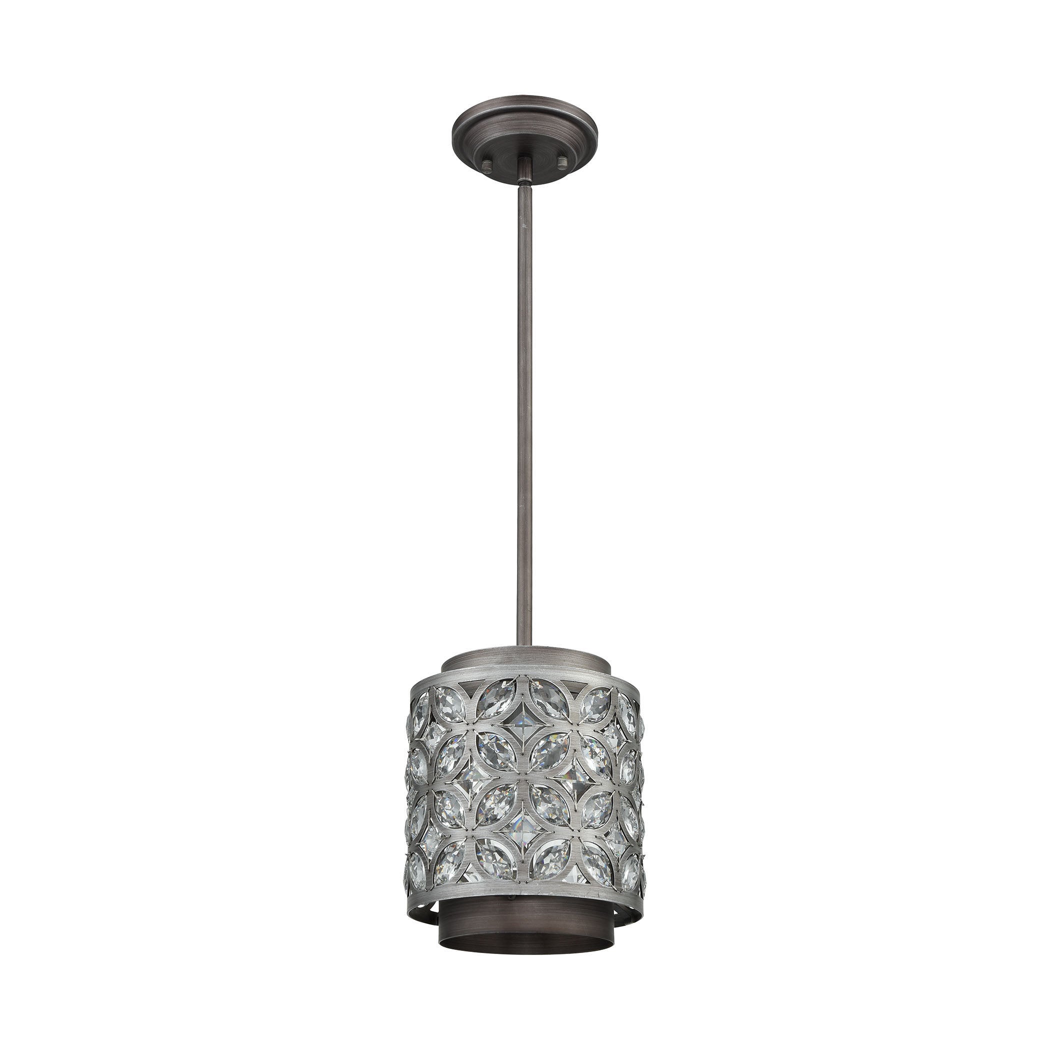 ELK Lighting 12162/1 Rosslyn 1-Light Mini Pendant in Weathered Zinc and Matte Silver with Crystal and Metalwork Shade