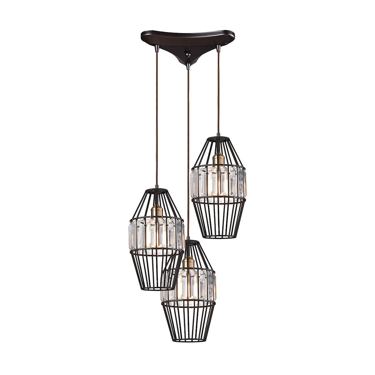 ELK Lighting 14248/3 Yardley 3-Light Triangular Pendant Fixture in Oil Rubbed Bronze with Clear Crystal on Wire Cages