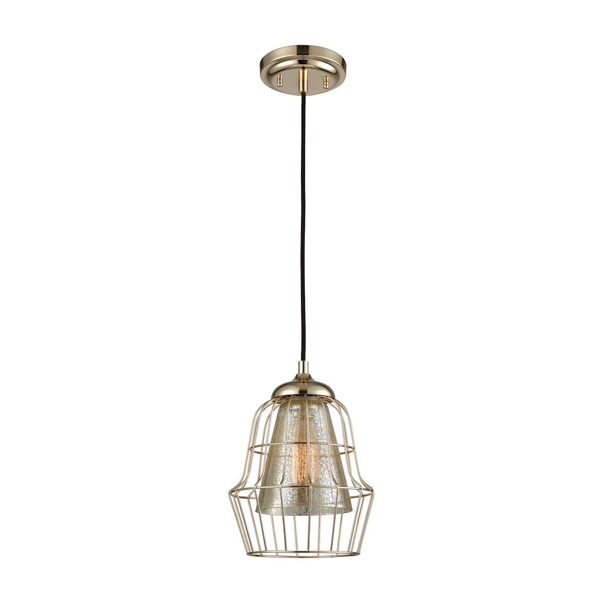 ELK Lighting 14266/1 Yardley 1-Light Mini Pendant in Polished Gold with Mercury Glass and Wire Cage