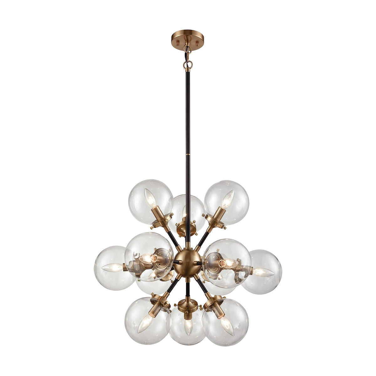 ELK Lighting 14434/12 Boudreaux 12-Light Chandelier in Antique Gold and Matte Black with Sphere-shaped Glass