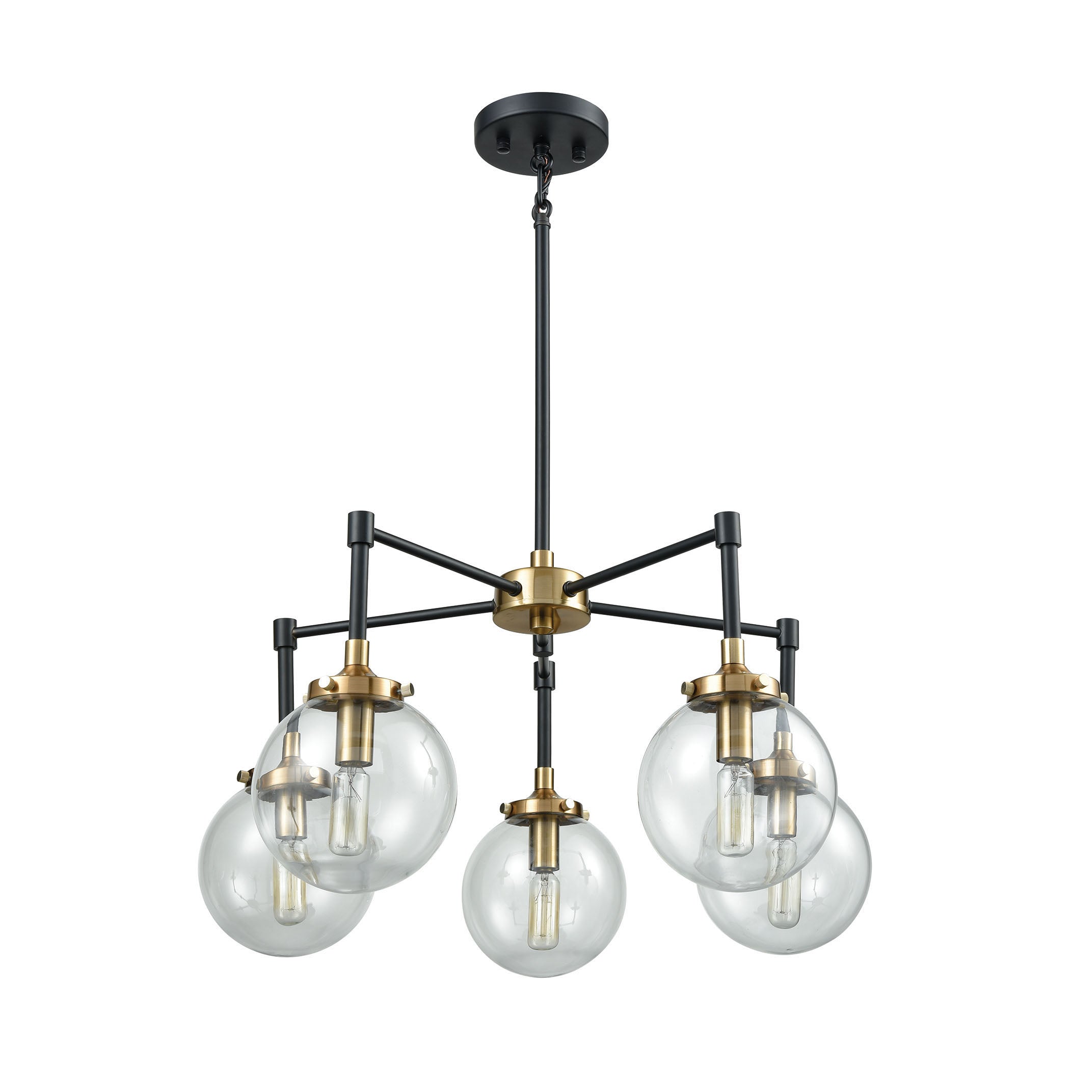 ELK Lighting 14437/5 Boudreaux 5-Light Chandelier in Matte Black and Antique Gold with Sphere-shaped Glass