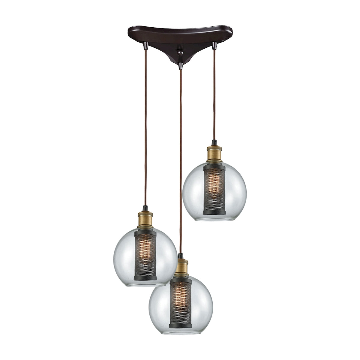 ELK Lighting 14530/3 Bremington 3-Light Triangular Pendant Fixture in Oiled Bronze with Clear Glass and Cage
