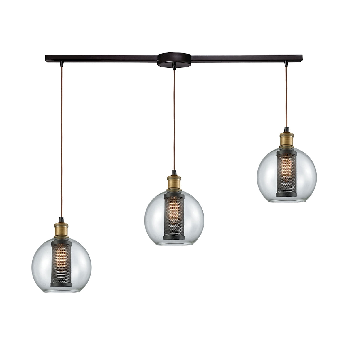 ELK Lighting 14530/3L Bremington 3-Light Linear Mini Pendant Fixture in Oiled Bronze with Clear Glass and Cage