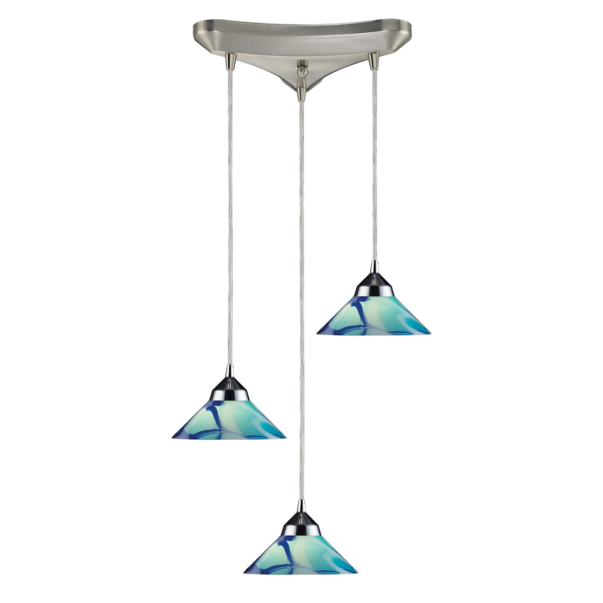 ELK Lighting 1477/3CAR Refraction 3-Light Triangular Pendant Fixture in Polished Chrome with Caribbean Glass