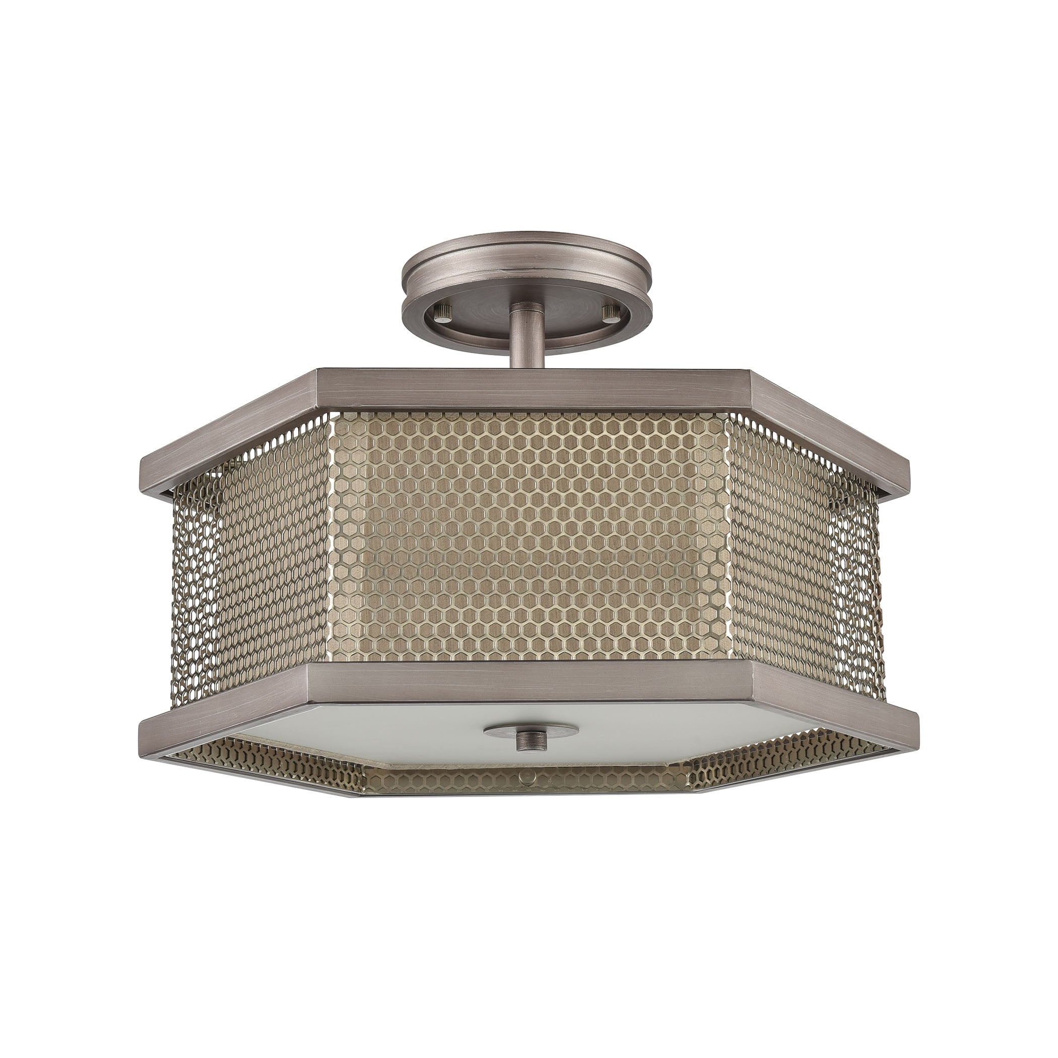 ELK Lighting 15662/2 Crestler 2-Light Semi Flush in Weathered Zinc and Polished Nickel Mesh with Beige Fabric Shade