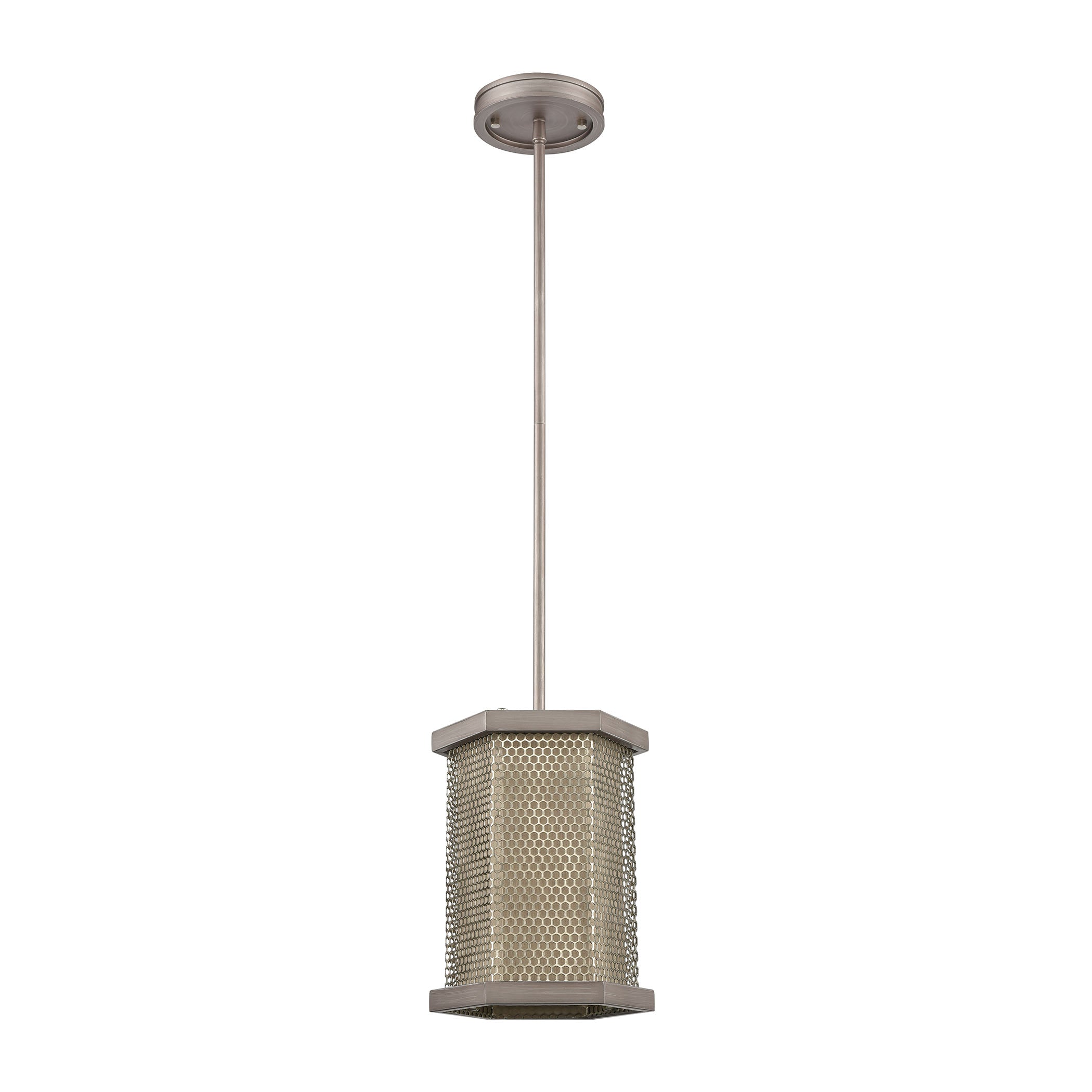 ELK Lighting 15664/1 Crestler 1-Light Mini Pendant in Weathered Zinc and Polished Nickel Mesh with Beige Fabric Shade