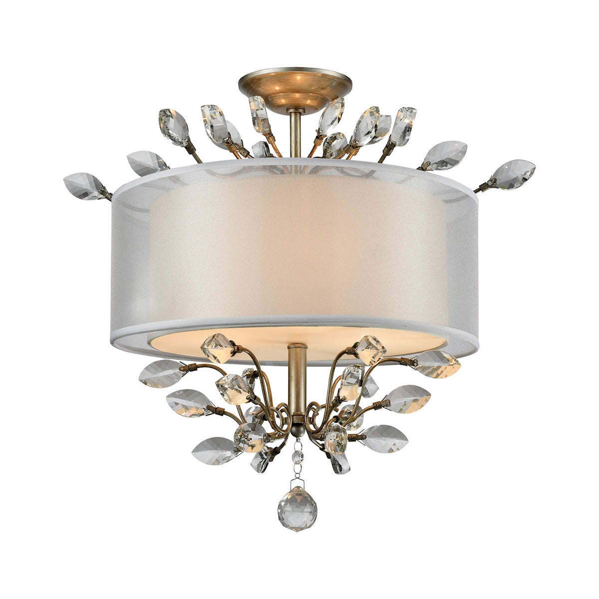 ELK Lighting 16281/3 Asbury 3-Light Semi Flush in Aged Silver with Organza and Fabric Shade