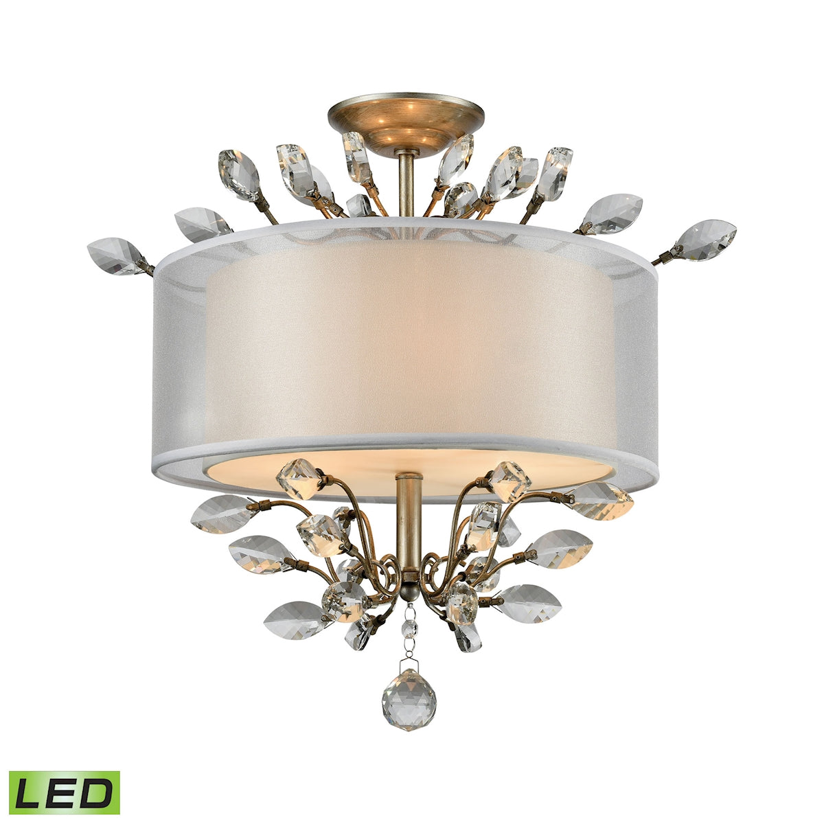 ELK Lighting 16281/3-LED Asbury 3-Light Semi Flush in Aged Silver with Organza and Fabric Shade - Includes LED Bulbs