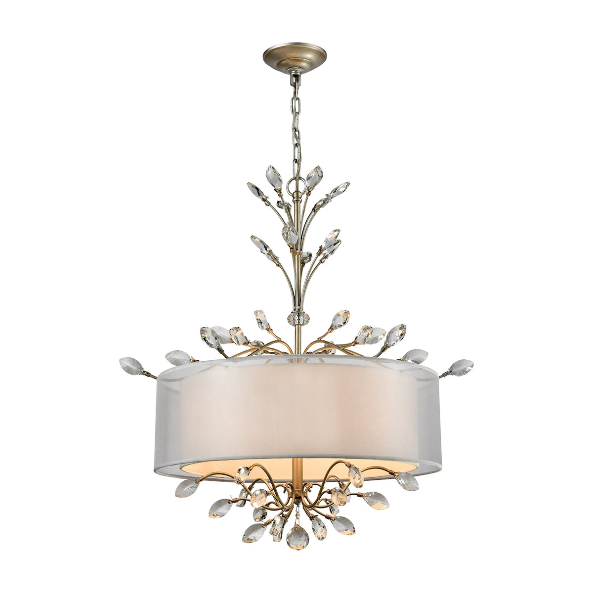 ELK Lighting 16282/4 Asbury 4-Light Chandelier in Aged Silver with Organza and White Fabric Shade