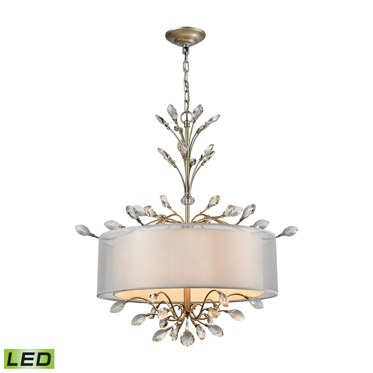 ELK Lighting 16282/4-LED Asbury 4-Light Chandelier in Aged Silver with Organza and White Fabric Shade - Includes LED Bulbs