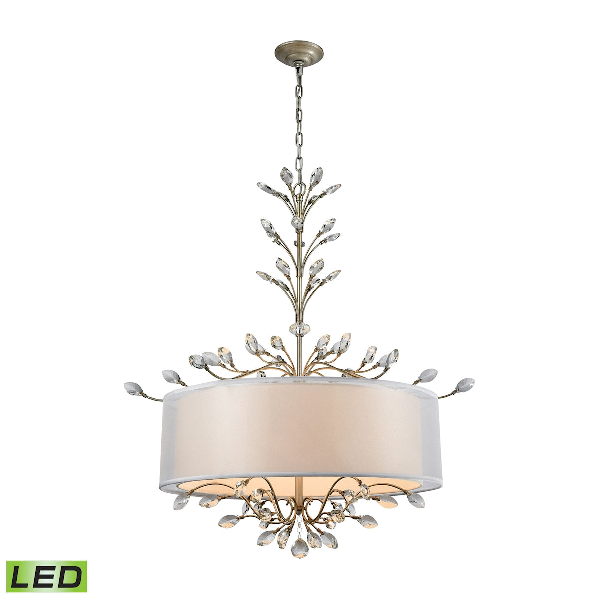 ELK Lighting 16283/6-LED Asbury 6-Light Chandelier in Aged Silver with Organza and White Fabric Shade - Includes LED Bulbs