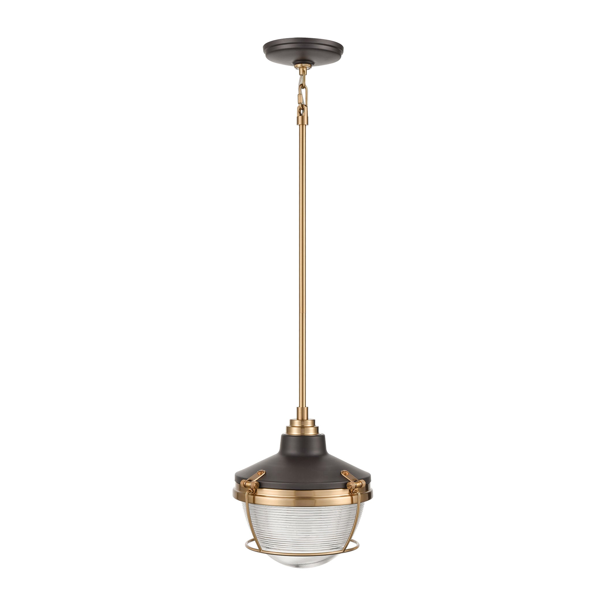 ELK Lighting 16535/1 Seaway Passage 1-Light Mini Pendant in Oil Rubbed Bronze and Satin Brass with Clear Ribbed Glass