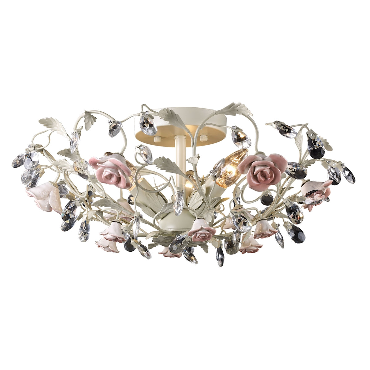 ELK Lighting 18096/3 Heritage 3-Light Semi Flush in Cream with Porcelain Roses and Crystal