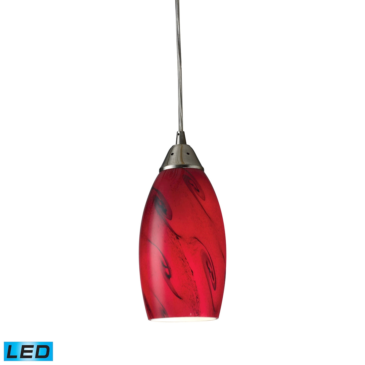 ELK Lighting 20001/1RG-LED Galaxy 1-Light Mini Pendant in Satin Nickel with Red Glass - Includes LED Bulb