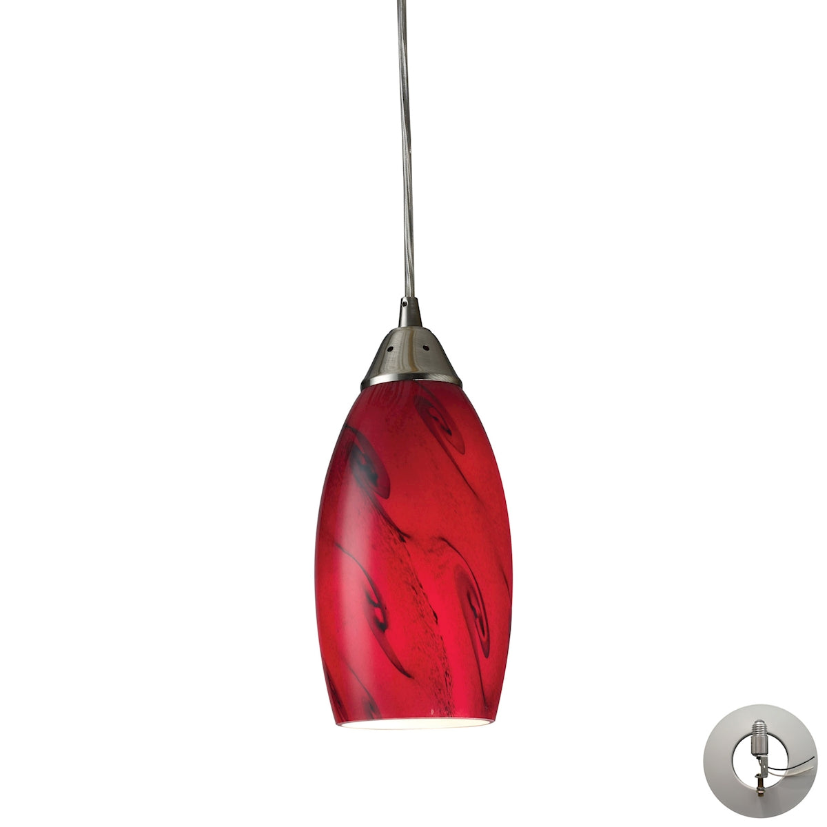 ELK Lighting 20001/1RG-LA Galaxy 1-Light Mini Pendant in Satin Nickel with Red Glass - Includes Adapter Kit