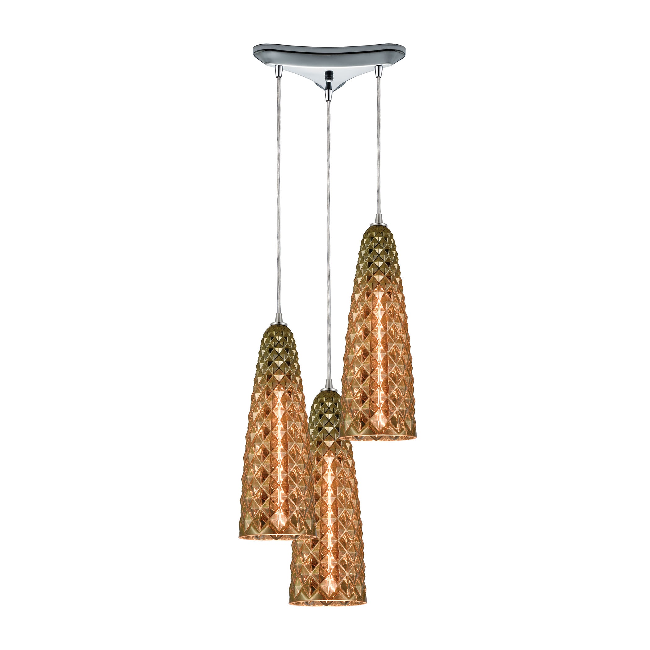 ELK Lighting 21168/3 Glitzy 3-Light Triangular Mini Pendant Fixture in Polished Chrome with Golden Bronze Plated Glass