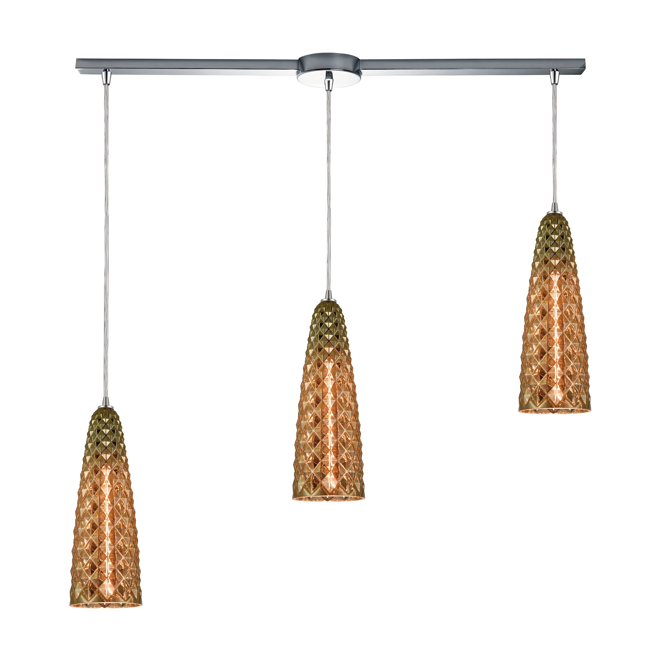 ELK Lighting 21168/3L Glitzy 3-Light Linear Mini Pendant Fixture in Polished Chrome with Golden Bronze Plated Glass