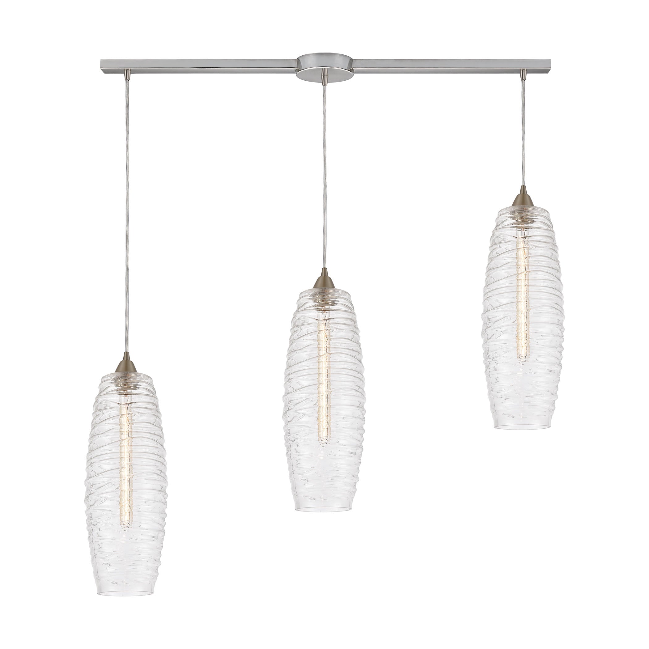 ELK Lighting 21192/3L Liz 3-Light Linear Mini Pendant Fixture in Satin Nickel with Clear Glass with Ribbed Swirls