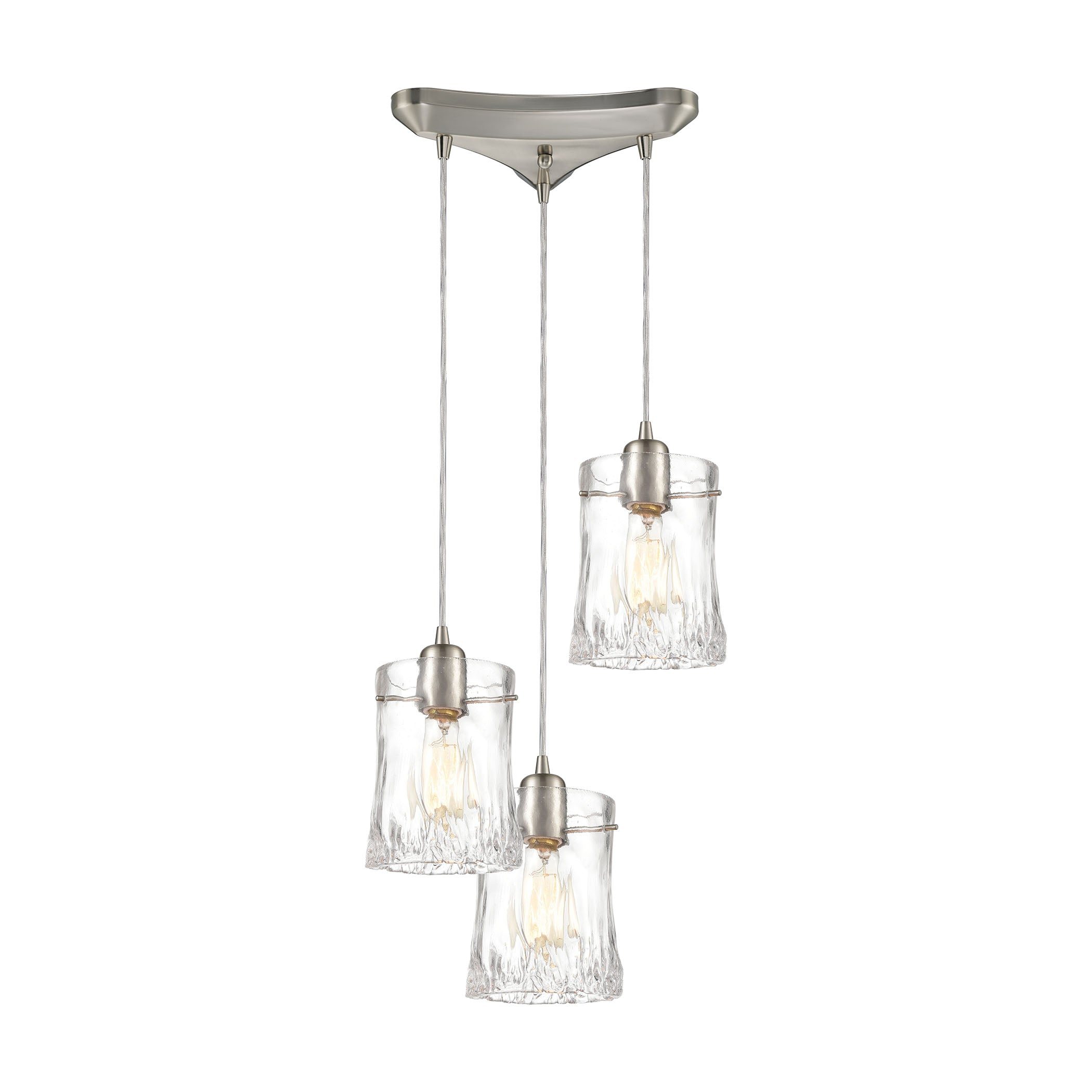 ELK Lighting 21200/3 Hand Formed Glass 3-Light Triangular Mini Pendant Fixture in Satin Nickel with Clear Glass