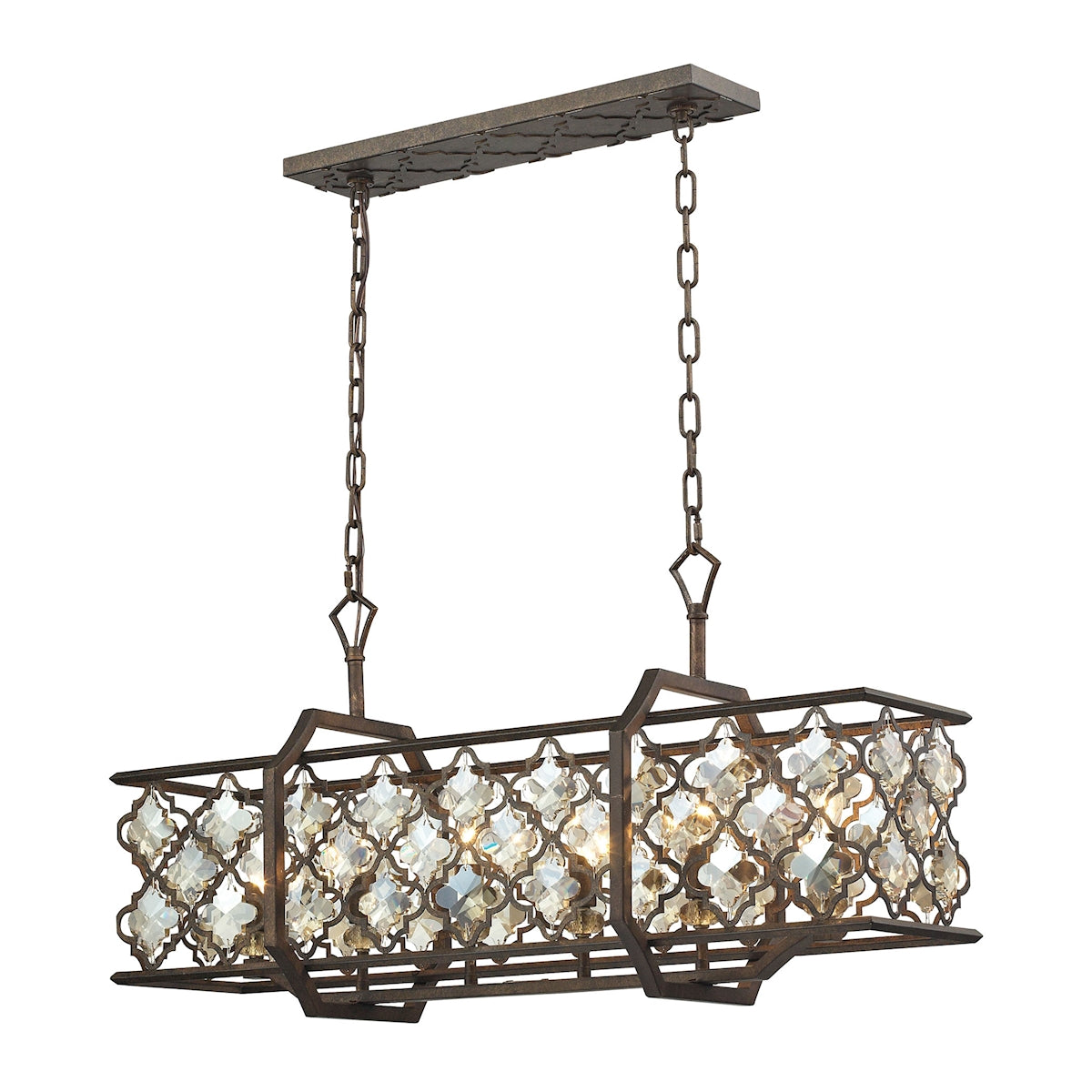 ELK Lighting 31098/6 Armand 6-Light Linear Chandelier in Weathered Bronze with Amber Teak Crystals and Metal Shade