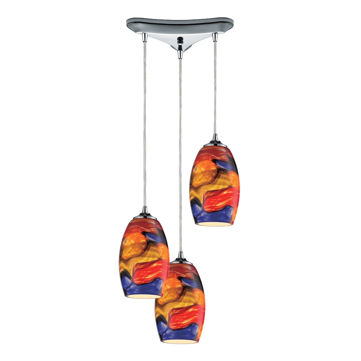 ELK Lighting 31339/3 Surrealist 3-Light Triangular Pendant Fixture in Polished Chrome with Multi-colored Glass