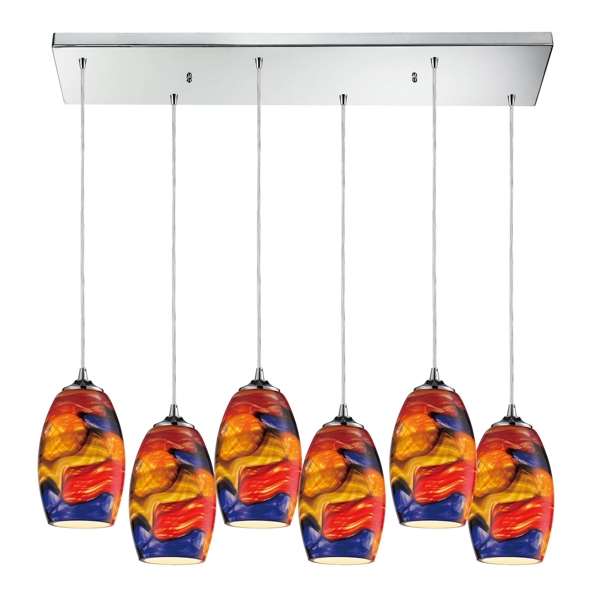 ELK Lighting 31339/6RC Surrealist 6-Light Rectangular Pendant Fixture in Polished Chrome with Multi-colored Glass