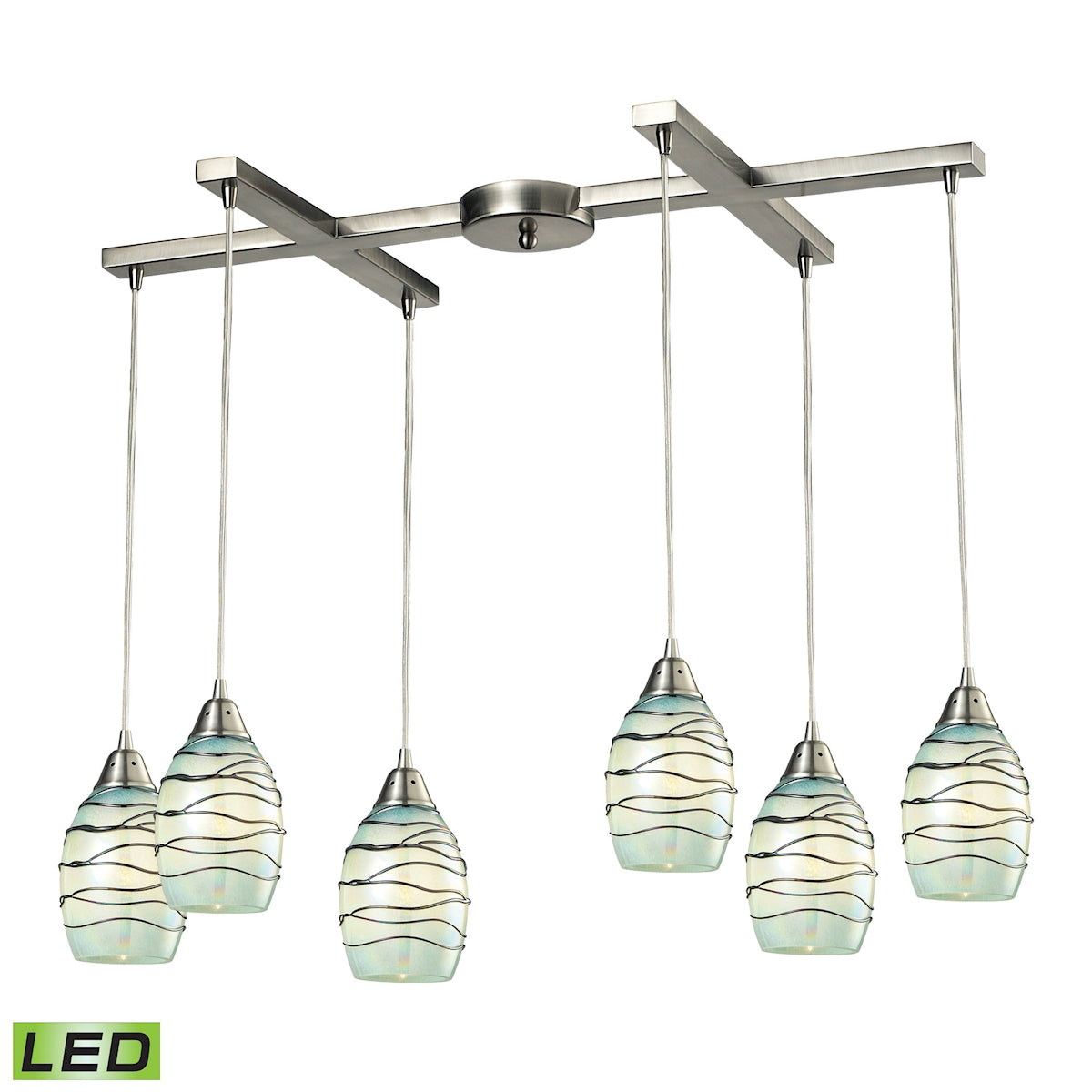 ELK Lighting 31348/6MN-LED Vines 6-Light H-Bar Pendant Fixture in Satin Nickel with Mint Glass - Includes LED Bulbs
