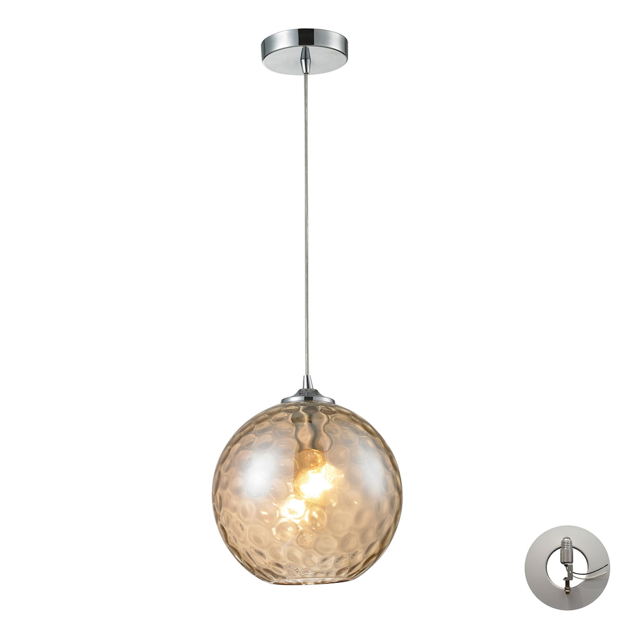 ELK Lighting 31380/1CMP-LA Watersphere 1-Light Mini Pendant in Chrome with Hammered Amber Glass - Includes Adapter Kit