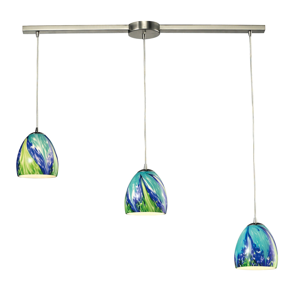ELK Lighting 31445/3L-TB Colorwave 3-Light Linear Pendant Fixture in Satin Nickel with Blue and Green Glass